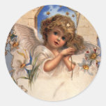 Vintage Victorian Christmas Angel with Bells Ivy Round Stickers
