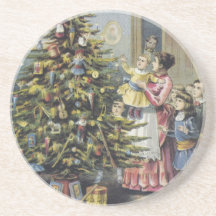 Vintage Victorian Christmas Family; Christmas Tree Beverage Coasters