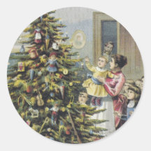 Vintage Victorian Christmas Family; Christmas Tree Round Sticker
