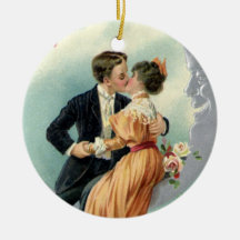 Vintage Victorian Couple Kiss on a Crescent Moon Ornaments