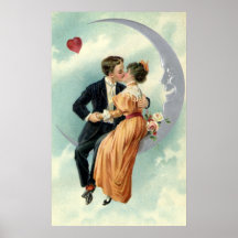 Vintage Victorian Couple Kiss on a Crescent Moon Print