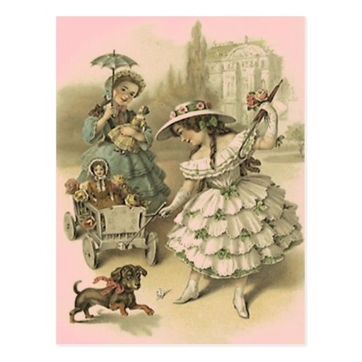VINTAGE VICTORIAN GIRLS ON A TRIP TRAVEL POSTCARD