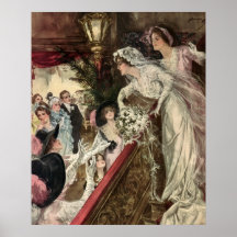 Vintage Victorian Newlywed Bride Tossing Bouquet Poster