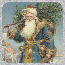 Vintage Victorian Santa Claus with Christmas Tree Square Stickers