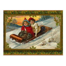Vintage Victorian Sledding Illustration on Cards Postcards