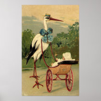 Vintage Victorian Stork and Baby Carriage Print
