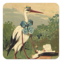 Vintage Victorian Stork and Baby Carriage Square Stickers