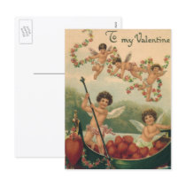 Vintage Victorian Valentine's Cupids in a Boat Postcard