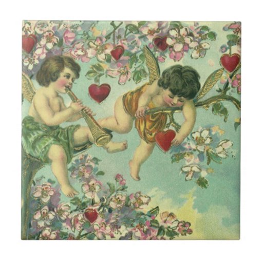 Vintage Victorian Valentines Day Cupids Heart Tree Tiles