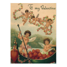 Vintage Victorian Valentine's Day Cupids in a Boat Postcards