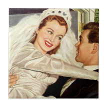 Vintage Wedding Bride and Groom, Happy Newlyweds Tile