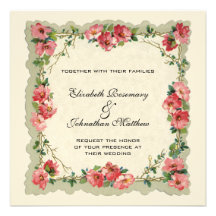 Vintage Wedding, Floral Flower Border Pink Roses Custom Announcements