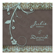 Vintage Wedding Invitation Floral Blue Brown