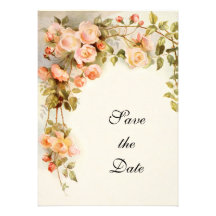 Vintage Wedding, Pink Rose Flowers, Save the Date Custom Invitations