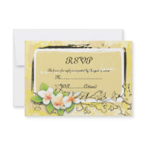 Vintage white plumeria ivy on yellow RSVP card Personalized Announcements