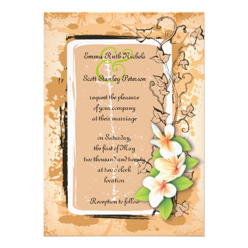 Vintage white plumeria ivy orange invitation