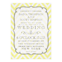 Vintage White & Yellow Chevron Stripes Wedding Invite