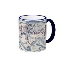 Vintage Winter Christmas Village with Trees, Snow Mugs