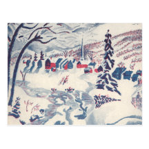 Vintage Winter Christmas Village with Trees, Snow Postcards