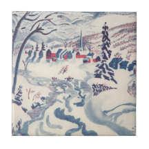 Vintage Winter Christmas Village with Trees, Snow Ceramic Tile