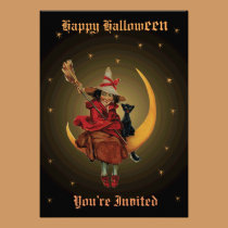 Vintage Witch & Black Cat Sitting on the moon invitations