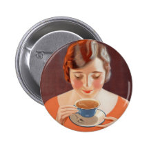 Vintage Woman Drinking Tea Painting Ad Pinback Button