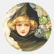Vintage Woman & Goblins Round Stickers