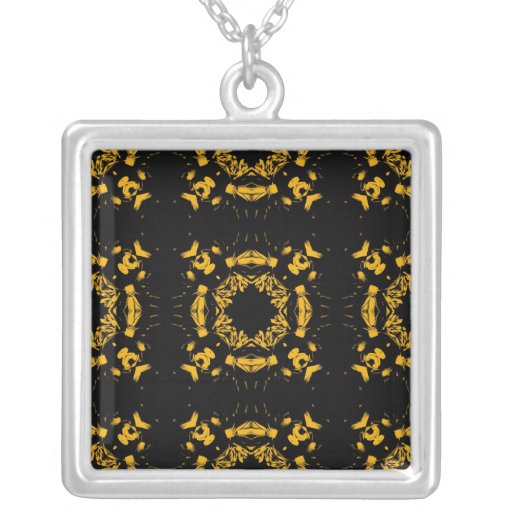Vintage Yellow, Black Floral Damasks Retro Pattern Pendants