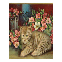 Vintage, Yellow Kitten and Pink Flowers Letterhead