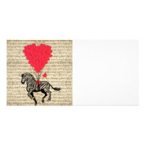 Vintage zebra and heart balloons photo card template