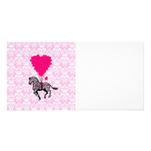 Vintage zebra & pink  heart balloons customized photo card