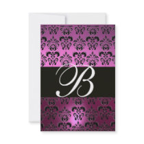 VIOLET PURPLE BLACK DAMASK MONOGRAM RSVP white Invitations