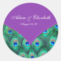Violet Purple Peacock Wedding Favour Label Round Sticker