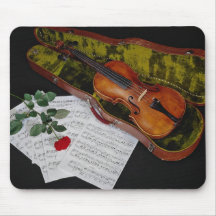 Violin and red rose on black background mouse pads