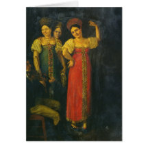 Violinist and three women dancing greeting cards