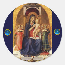 VIRGIN WITH CHILD AND ANGELS ,Blue Sapphire Round Stickers