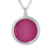 Vivid Pink Artichoke Floral Damask Pattern Necklace