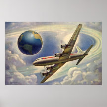 Vol vintage d'avion autour du monde en nuages posters