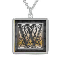 W Initial Monogram "Celtic Black Stone" Necklaces