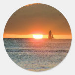 Waikiki Sunset with Sailboat Silhouette, Hawaii Round Stickers