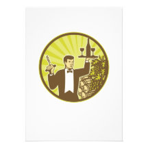 Waiter Serving Wine Grapes Barrel Retro Custom Announcement