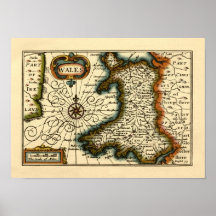 Wales - Historic 17th Century Map of Wales Poster