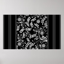Wall Art Black White Stripe Damask Floral (2) Posters