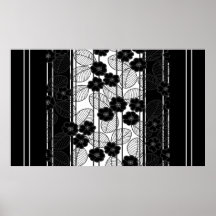 Wall Art Poster Black White Stripe Damask Floral