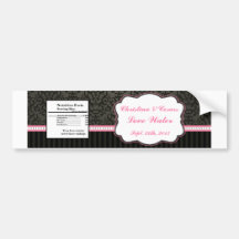 Water Bottle Label Damask/Stripes Pink Crown Black Bumper Stickers