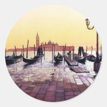 "Water Taxis" Gondola Scene Watercolor Round Stickers
