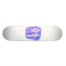 Watercolour sillouttes of two guitar players blue skate boards