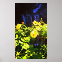 Waterfull with Yellow Hibiscus Plant Posters