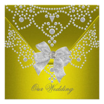 Wedding Chartreuse Gold White Silver Overlay Bow Invitations