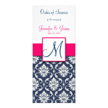 Wedding Church Program Hot Pink Navy Blue Damask Custom Invitation